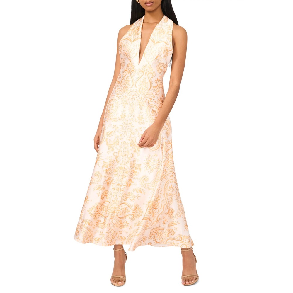 Parker Nia Maxi Dress Orange Cream Paisley Satin Plunge Neck T-Back Gown 10